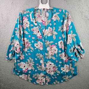 Catherines 1X 18 20W Turquoise Floral Print 3/4 Sleeve Button Down Blouse‎ Top